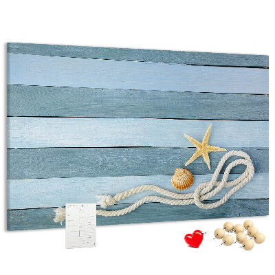 Pizarra de corcho con diseño de paisaje marino con conchas y cuerda