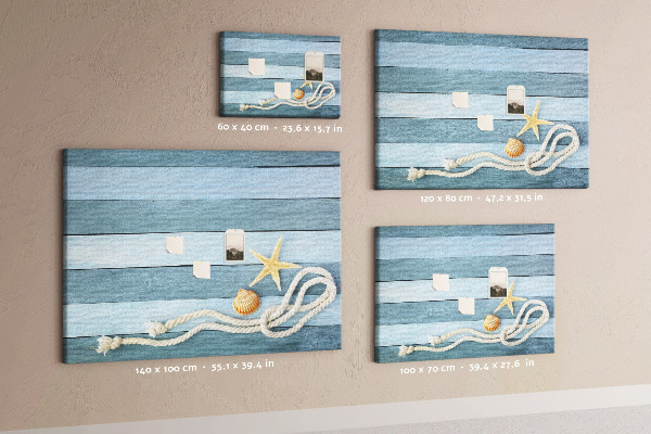 Pizarra de corcho con diseño de paisaje marino con conchas y cuerda