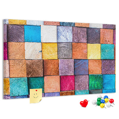 Pizarra de corcho Cuadrados coloridos con un diseño de madera.