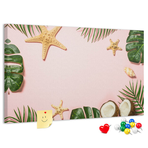 Tablero de corcho decorativo con diseño de paisaje tropical con conchas y hojas
