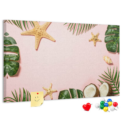 Tablero de corcho decorativo con diseño de paisaje tropical con conchas y hojas
