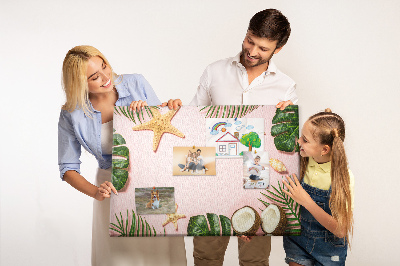 Tablero de corcho decorativo con diseño de paisaje tropical con conchas y hojas