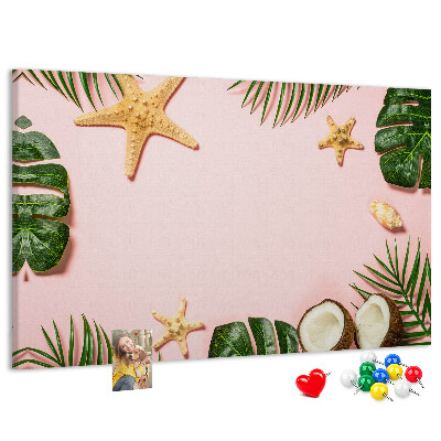 Tablero de corcho decorativo con diseño de paisaje tropical con conchas y hojas
