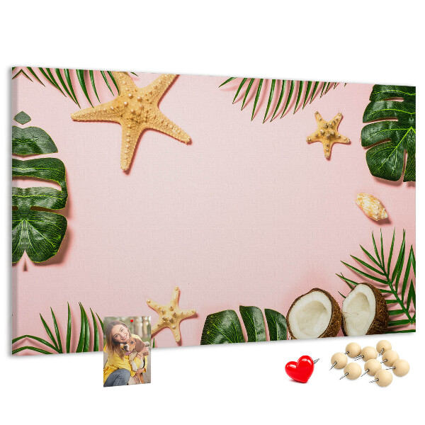 Tablero de corcho decorativo con diseño de paisaje tropical con conchas y hojas