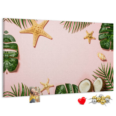 Tablero de corcho decorativo con diseño de paisaje tropical con conchas y hojas