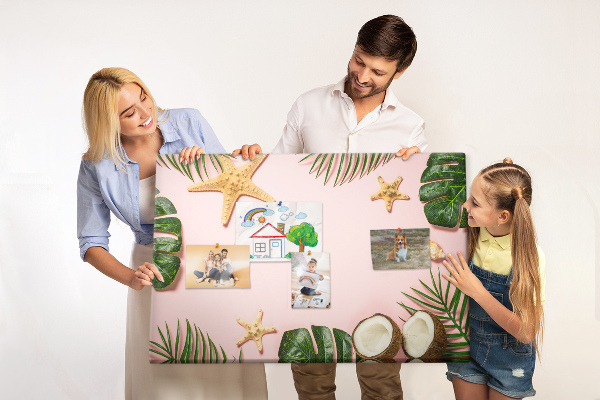 Tablero de corcho decorativo con diseño de paisaje tropical con conchas y hojas
