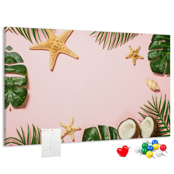 Tablero de corcho decorativo con diseño de paisaje tropical con conchas y hojas