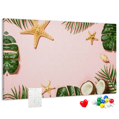 Tablero de corcho decorativo con diseño de paisaje tropical con conchas y hojas