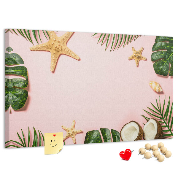 Tablero de corcho decorativo con diseño de paisaje tropical con conchas y hojas