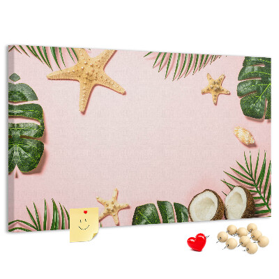 Tablero de corcho decorativo con diseño de paisaje tropical con conchas y hojas