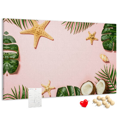 Tablero de corcho decorativo con diseño de paisaje tropical con conchas y hojas