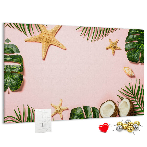 Tablero de corcho decorativo con diseño de paisaje tropical con conchas y hojas