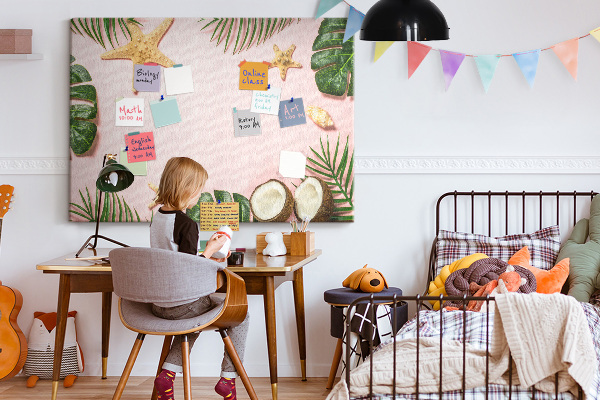 Tablero de corcho decorativo con diseño de paisaje tropical con conchas y hojas