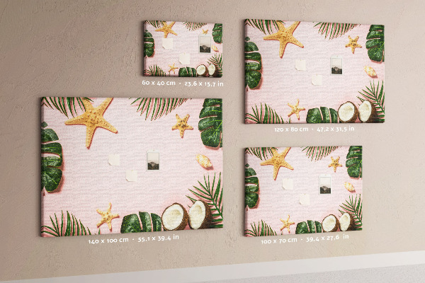 Tablero de corcho decorativo con diseño de paisaje tropical con conchas y hojas