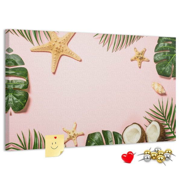 Tablero de corcho decorativo con diseño de paisaje tropical con conchas y hojas