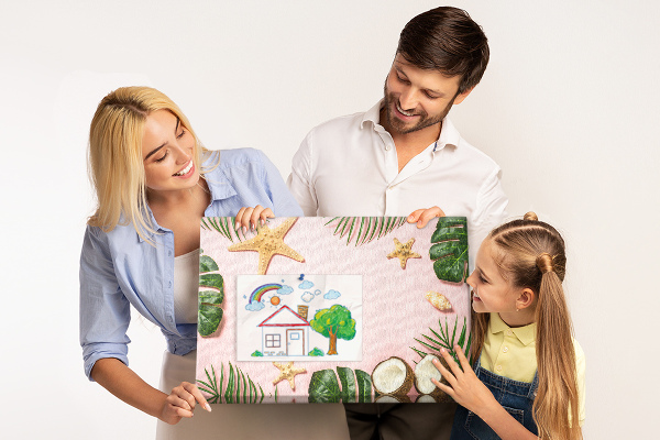 Tablero de corcho decorativo con diseño de paisaje tropical con conchas y hojas
