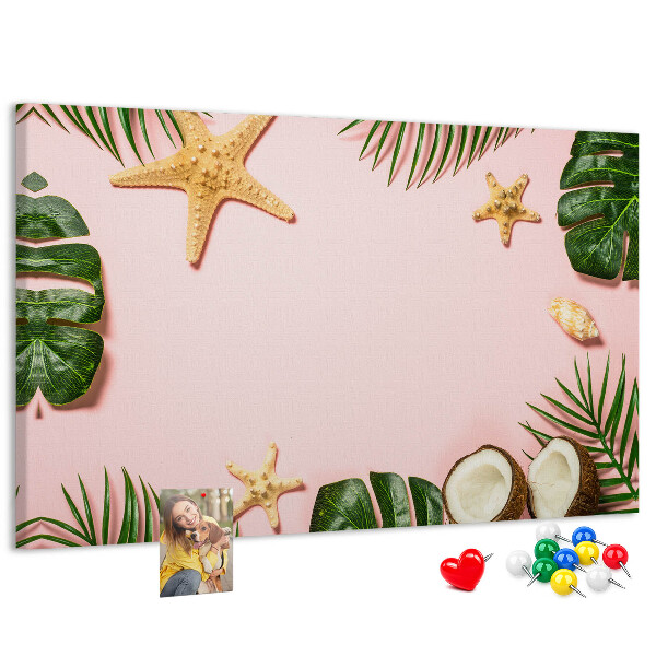 Tablero de corcho decorativo con diseño de paisaje tropical con conchas y hojas
