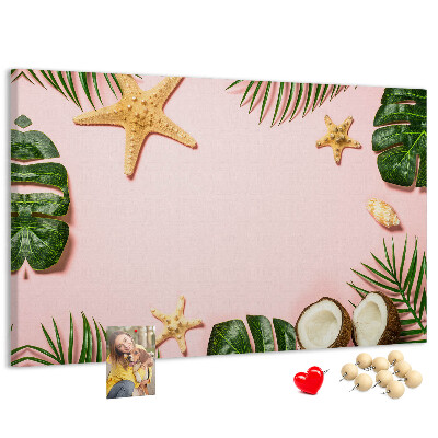 Tablero de corcho decorativo con diseño de paisaje tropical con conchas y hojas