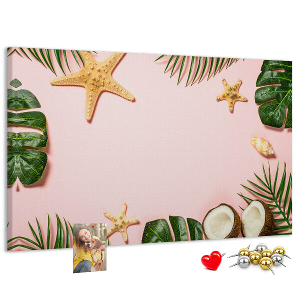 Tablero de corcho decorativo con diseño de paisaje tropical con conchas y hojas