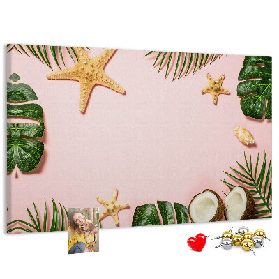 Tablero de corcho decorativo con diseño de paisaje tropical con conchas y hojas