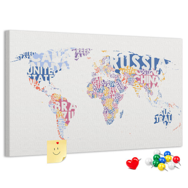Pizarra de corcho mapamundi con los nombres de los países