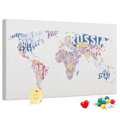 Pizarra de corcho Mapa del mundo con los nombres de los países.