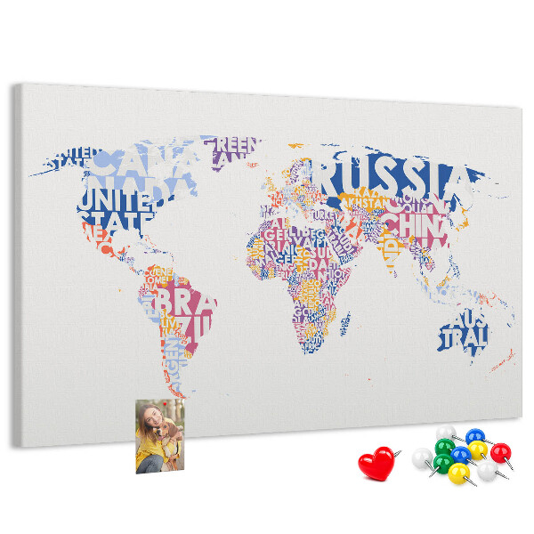 Pizarra de corcho mapamundi con los nombres de los países