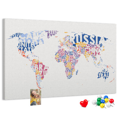 Pizarra de corcho mapamundi con los nombres de los países