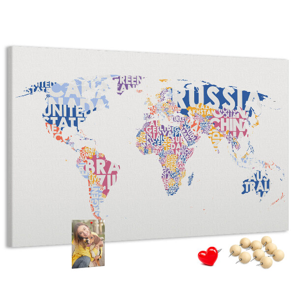 Pizarra de corcho mapamundi con los nombres de los países