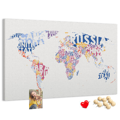 Pizarra de corcho mapamundi con los nombres de los países