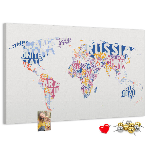 Pizarra de corcho mapamundi con los nombres de los países