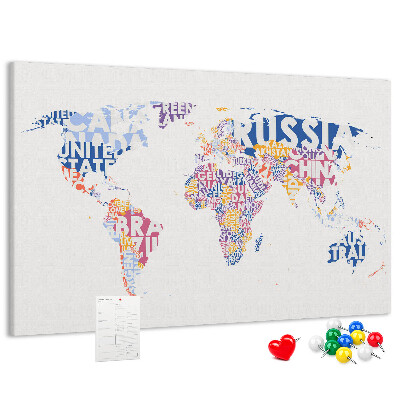 Pizarra de corcho mapamundi con los nombres de los países