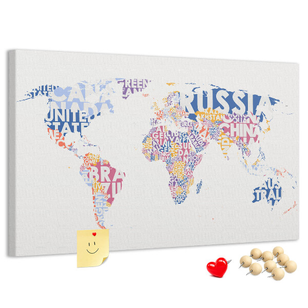 Pizarra de corcho mapamundi con los nombres de los países
