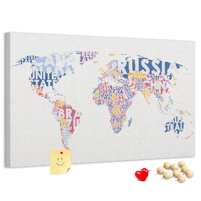 Pizarra de corcho mapamundi con los nombres de los países