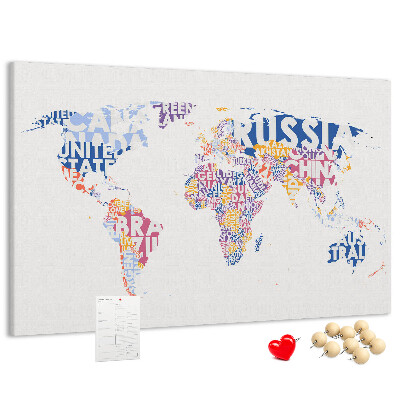Pizarra de corcho mapamundi con los nombres de los países