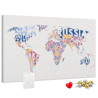 Pizarra de corcho mapamundi con los nombres de los países