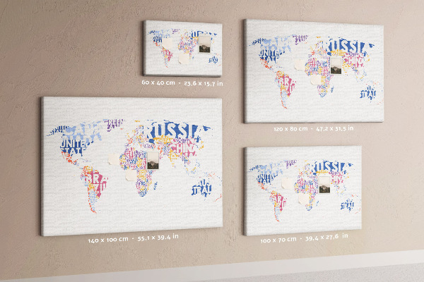 Pizarra de corcho mapamundi con los nombres de los países