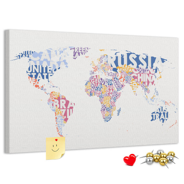 Pizarra de corcho mapamundi con los nombres de los países