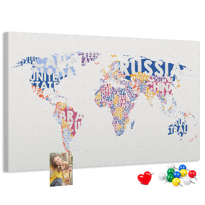 Pizarra de corcho mapamundi con los nombres de los países