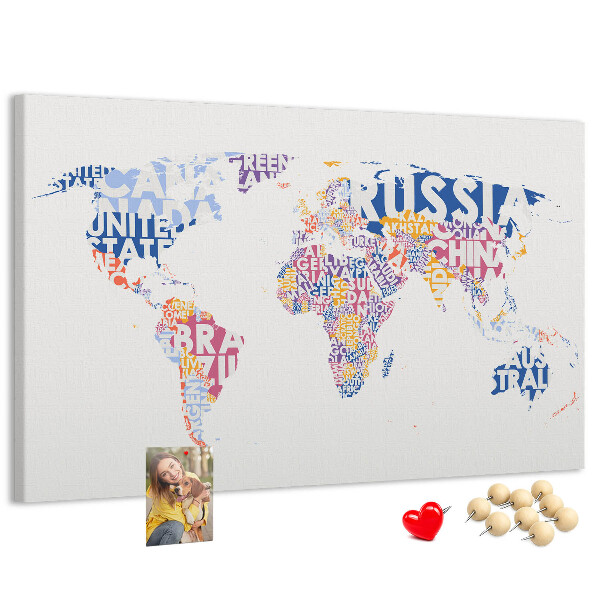 Pizarra de corcho mapamundi con los nombres de los países