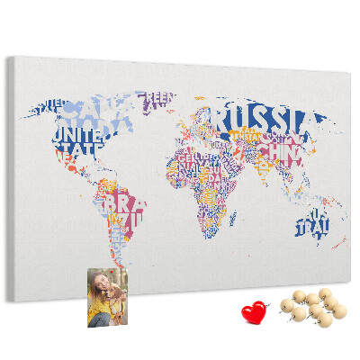 Pizarra de corcho mapamundi con los nombres de los países