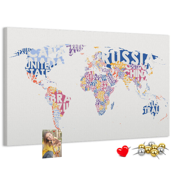 Pizarra de corcho mapamundi con los nombres de los países