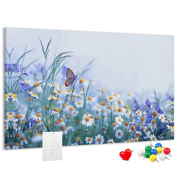 Tablero de corcho decorativo con diseño de pradera con mariposa y flores