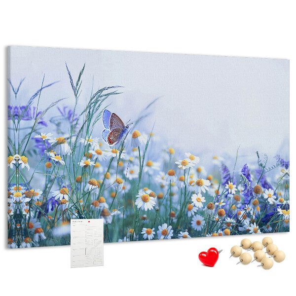 Tablero de corcho decorativo con diseño de pradera con mariposa y flores