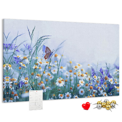 Tablero de corcho decorativo con diseño de pradera con mariposa y flores
