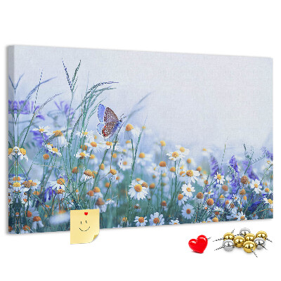 Tablero de corcho decorativo con diseño de pradera con mariposa y flores