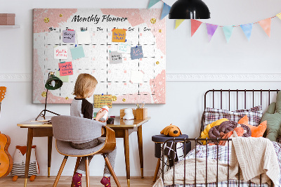 Tablero de corcho decorado planificador mensual con diseño elegante en colores pastel