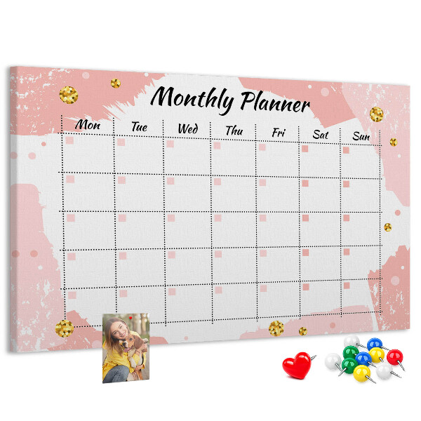 Tablero de corcho decorado planificador mensual con diseño elegante en colores pastel
