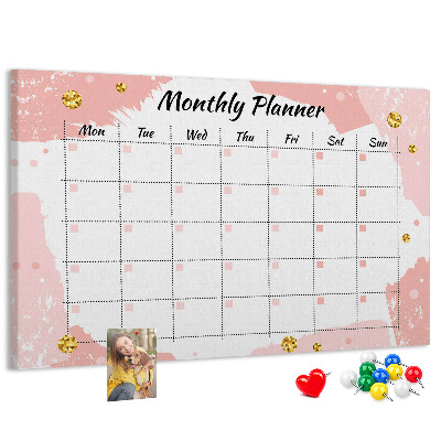 Tablero de corcho decorado planificador mensual con diseño elegante en colores pastel