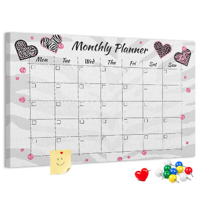Tablero de anuncios Planificador mensual con corazones y patrones.